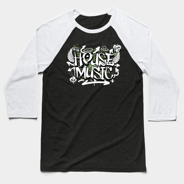 HOUSE MUSIC  - Graffiti Steez (Army Green/White) Baseball T-Shirt by DISCOTHREADZ 